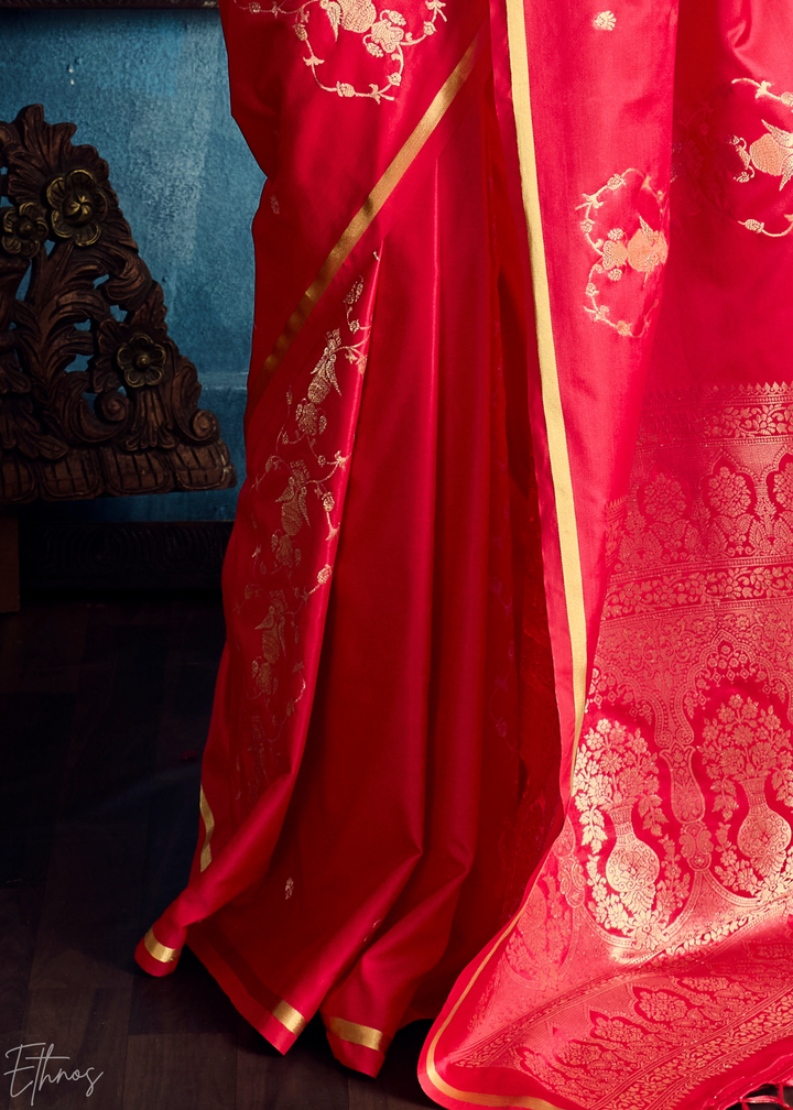 Crimson Red Floral Brocade Satin Silk Saree