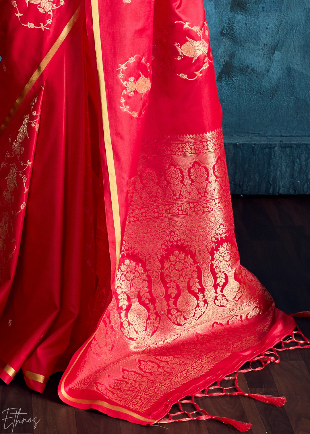 Crimson Red Floral Brocade Satin Silk Saree