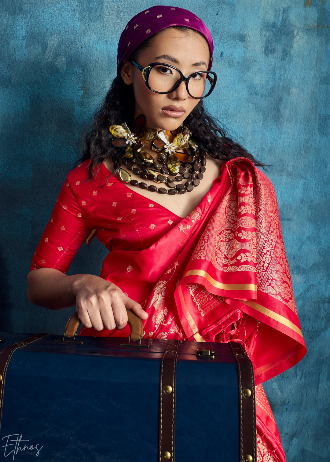Crimson Red Floral Brocade Satin Silk Saree