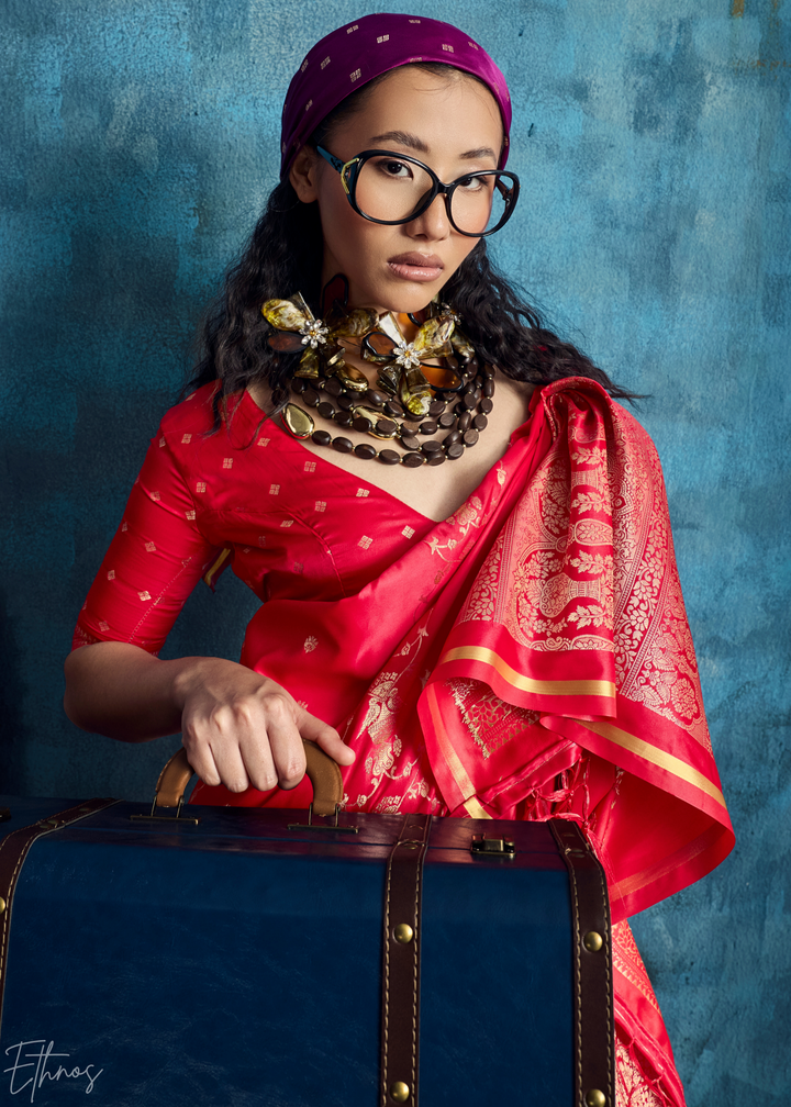 Crimson Red Floral Brocade Satin Silk Saree
