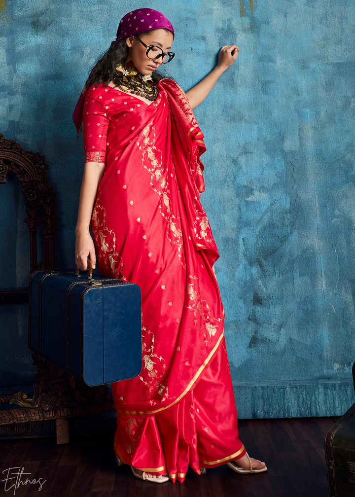 Crimson Red Floral Brocade Satin Silk Saree