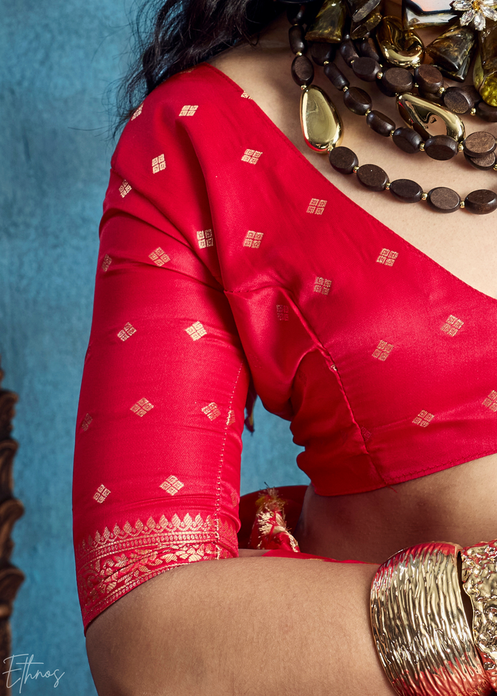 Crimson Red Floral Brocade Satin Silk Saree
