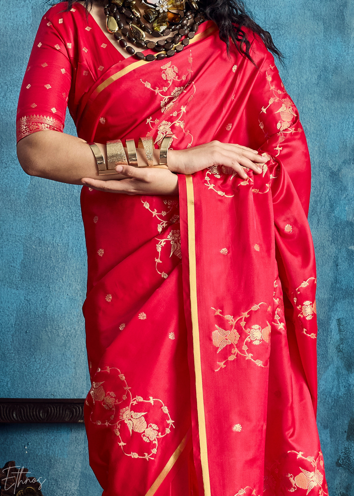 Crimson Red Floral Brocade Satin Silk Saree