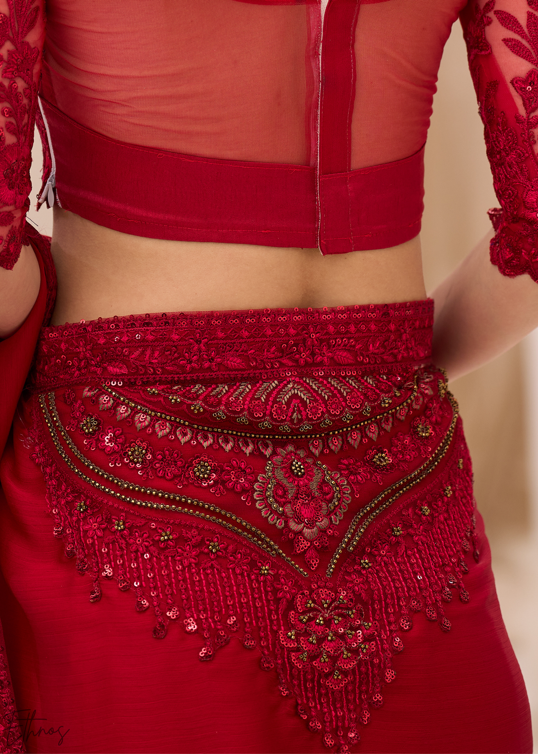 Crimson Red Floral Embroidered Satin Chiffon Saree