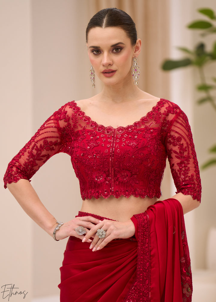 Crimson Red Floral Embroidered Satin Chiffon Saree
