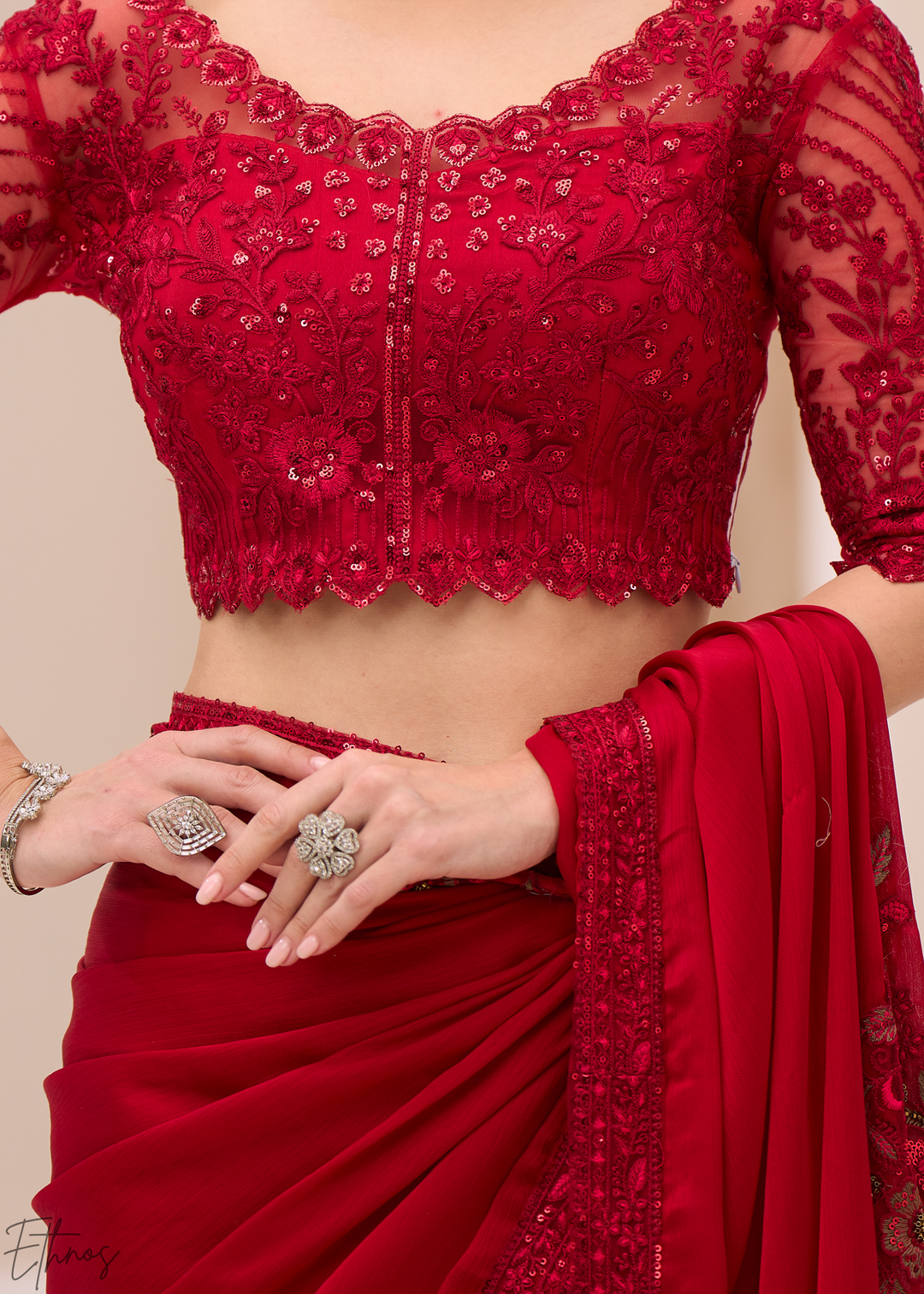 Crimson Red Floral Embroidered Satin Chiffon Saree