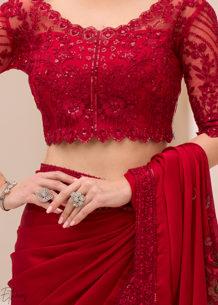 Crimson Red Floral Embroidered Satin Chiffon Saree