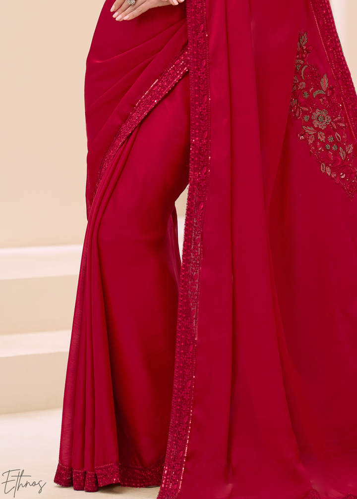 Crimson Red Floral Embroidered Satin Chiffon Saree