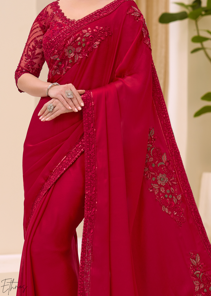 Crimson Red Floral Embroidered Satin Chiffon Saree