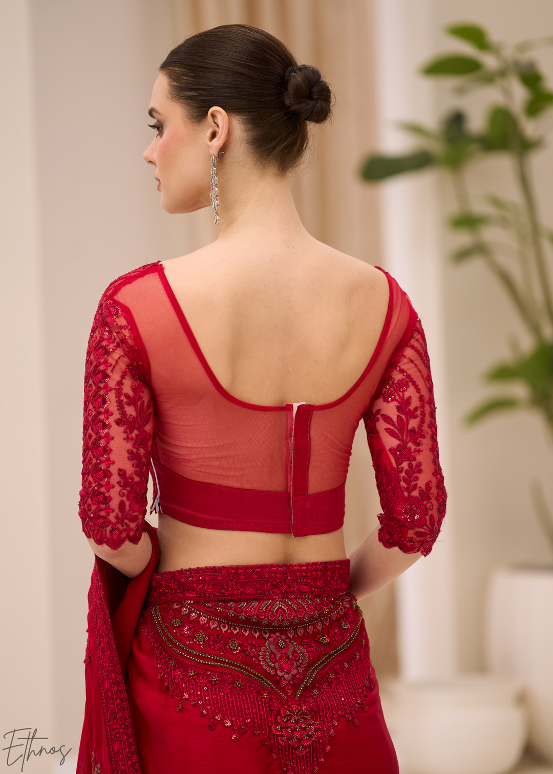 Crimson Red Floral Embroidered Satin Chiffon Saree
