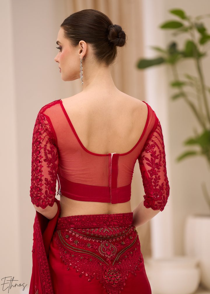 Crimson Red Floral Embroidered Satin Chiffon Saree