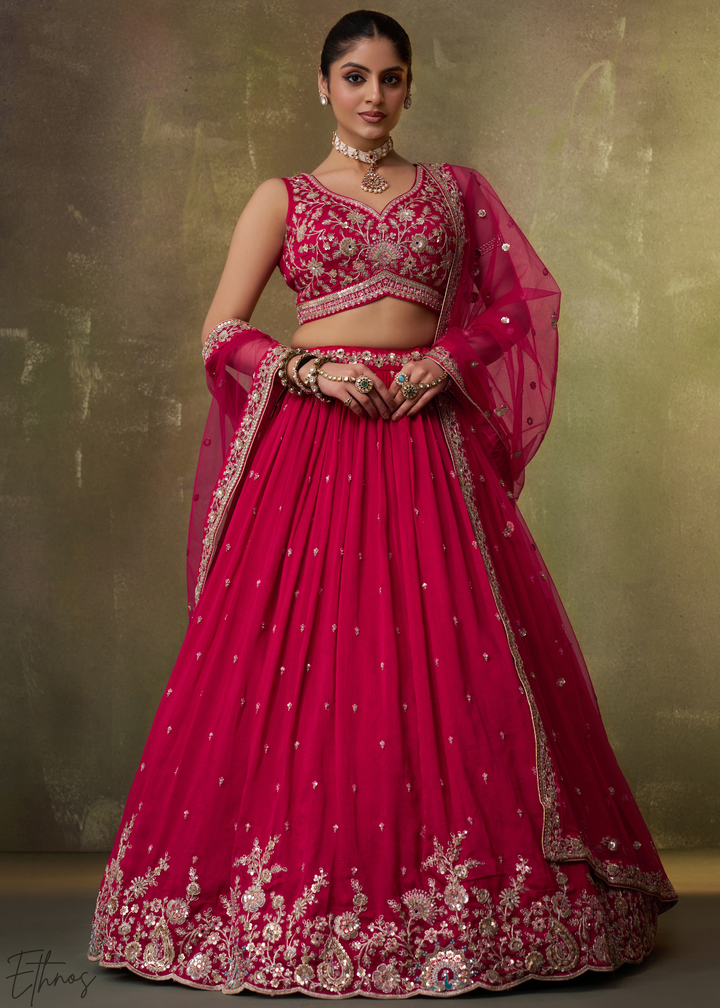 Crimson Red Floral Zari Embroidered Georgette Lehenga Choli