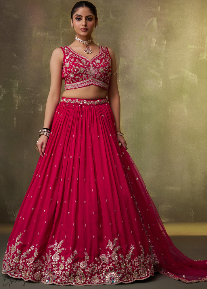 Crimson Red Floral Zari Embroidered Georgette Lehenga Choli