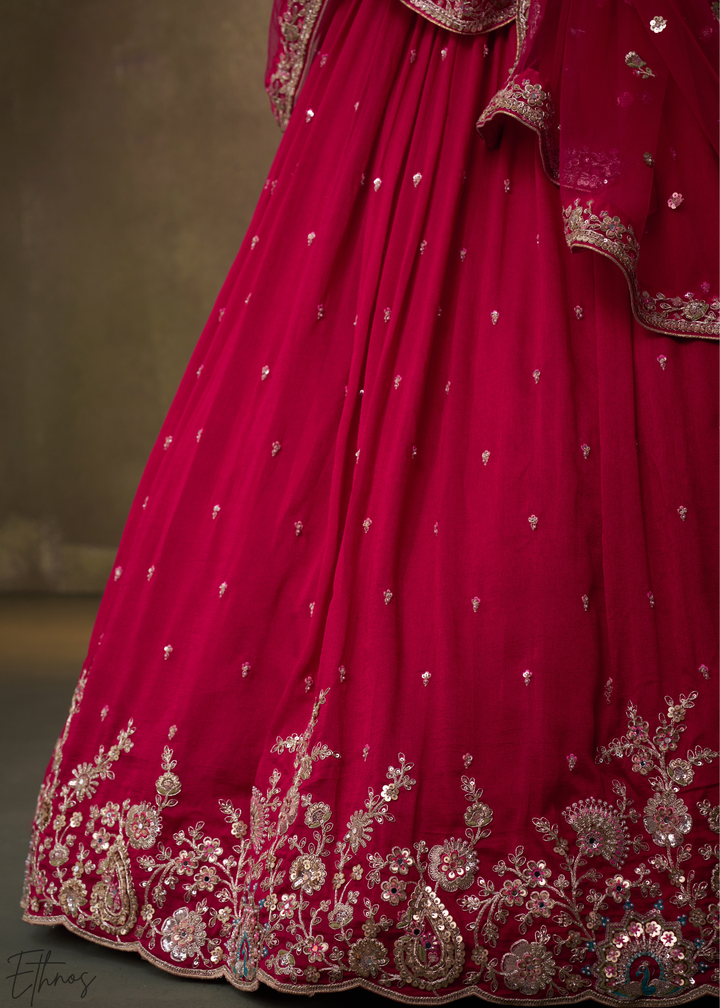 Crimson Red Floral Zari Embroidered Georgette Lehenga Choli