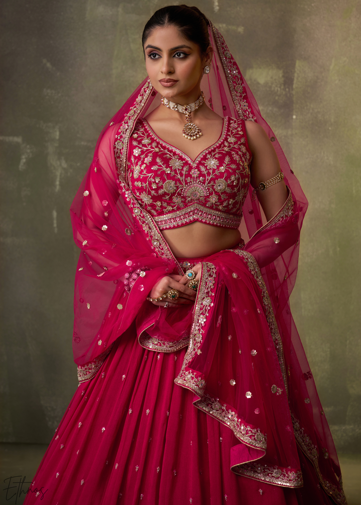 Crimson Red Floral Zari Embroidered Georgette Lehenga Choli