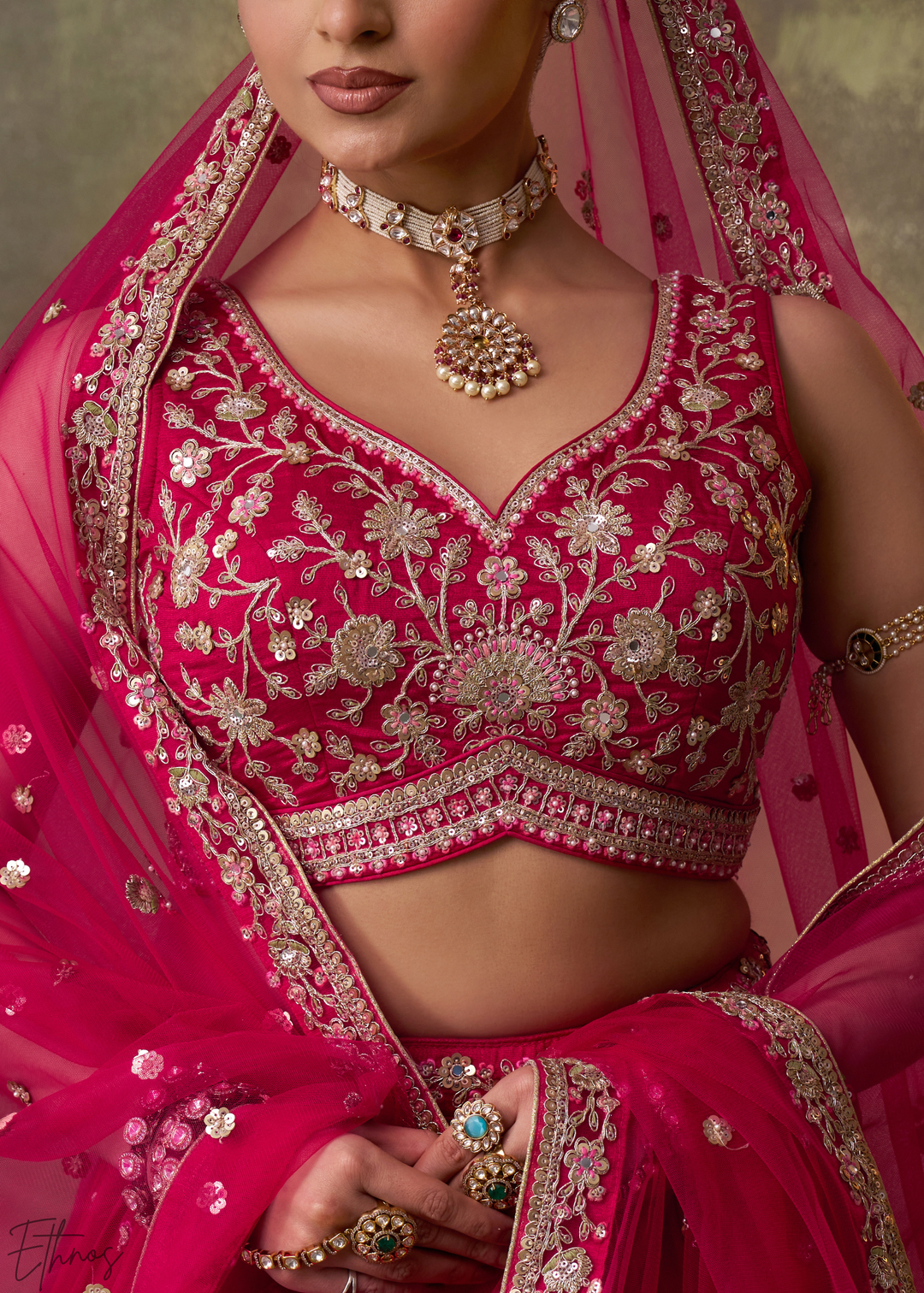 Crimson Red Floral Zari Embroidered Georgette Lehenga Choli