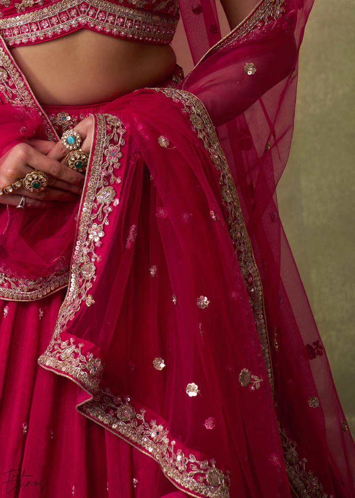 Crimson Red Floral Zari Embroidered Georgette Lehenga Choli