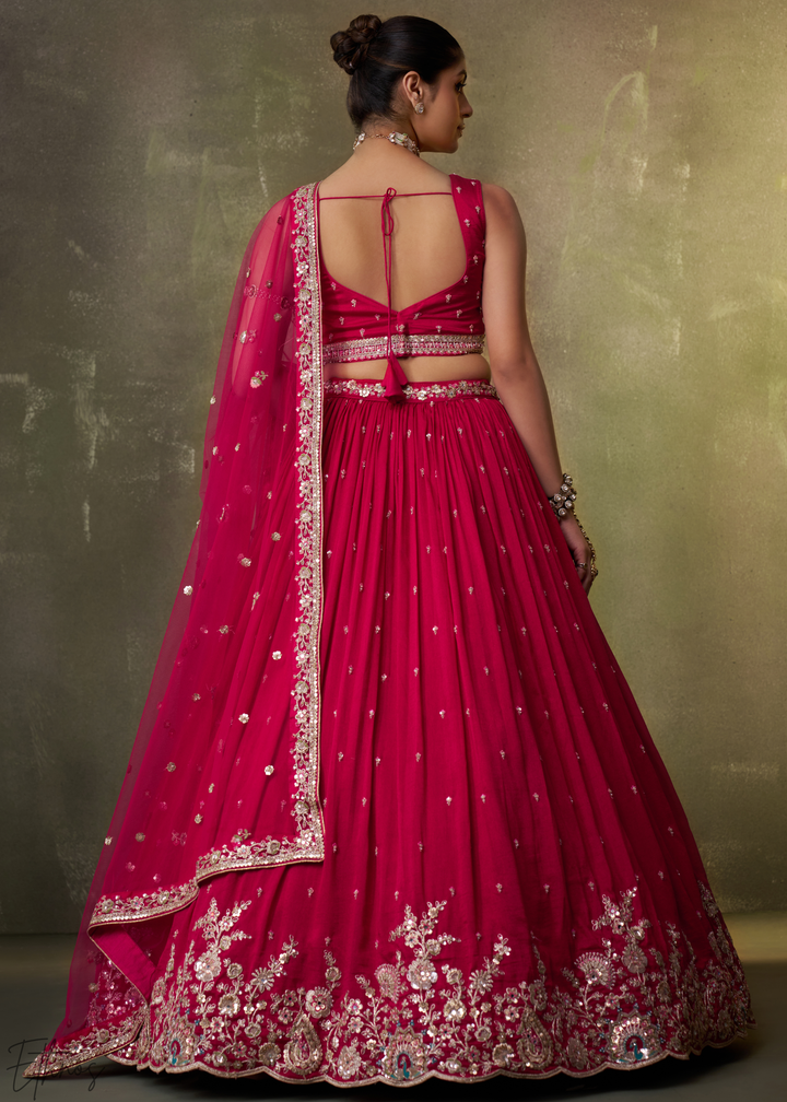 Crimson Red Floral Zari Embroidered Georgette Lehenga Choli