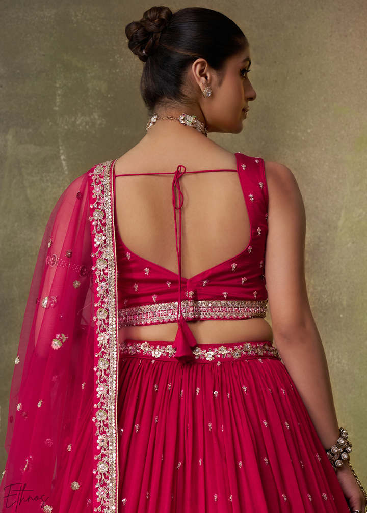 Crimson Red Floral Zari Embroidered Georgette Lehenga Choli
