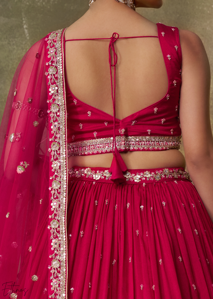 Crimson Red Floral Zari Embroidered Georgette Lehenga Choli