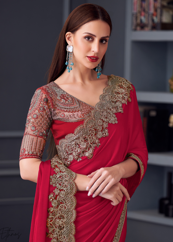 Crimson Red Heavy Border Embroidered Opium Silk Chiffon Saree