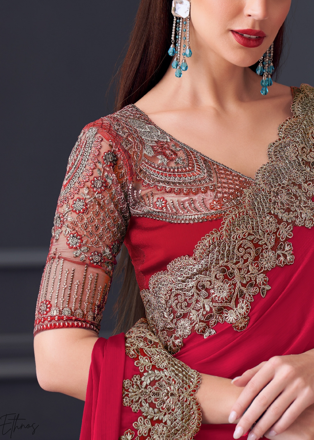 Crimson Red Heavy Border Embroidered Opium Silk Chiffon Saree