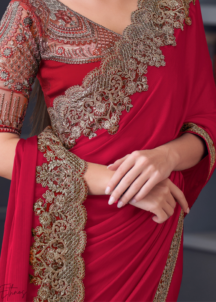 Crimson Red Heavy Border Embroidered Opium Silk Chiffon Saree