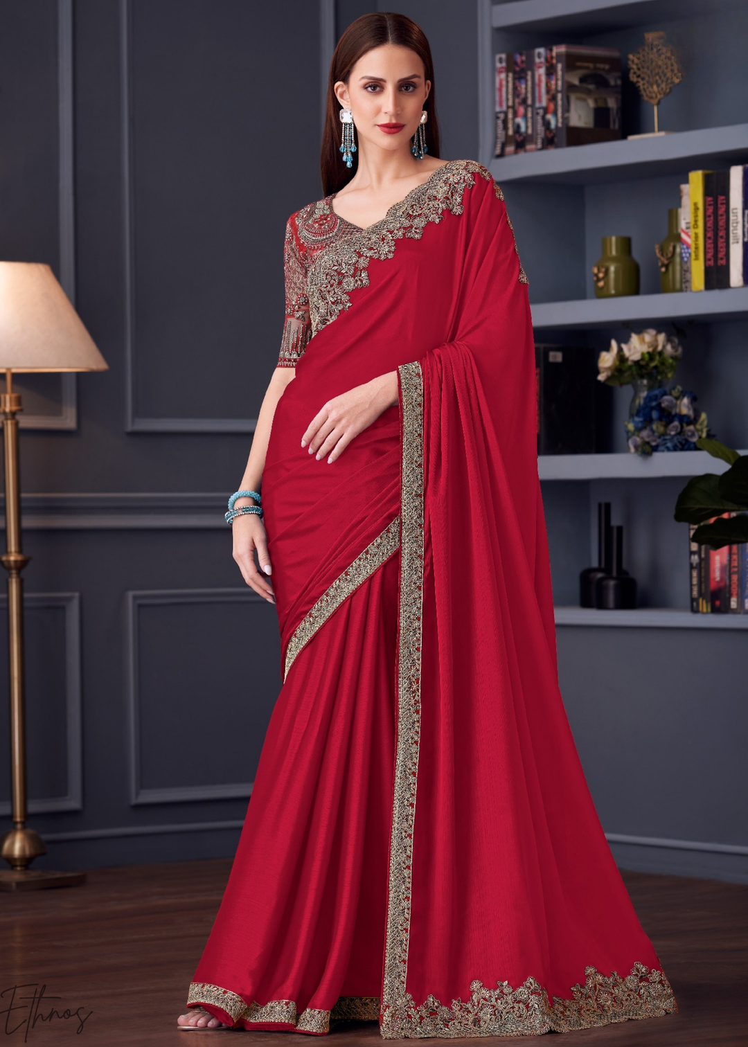 Crimson Red Heavy Border Embroidered Opium Silk Chiffon Saree