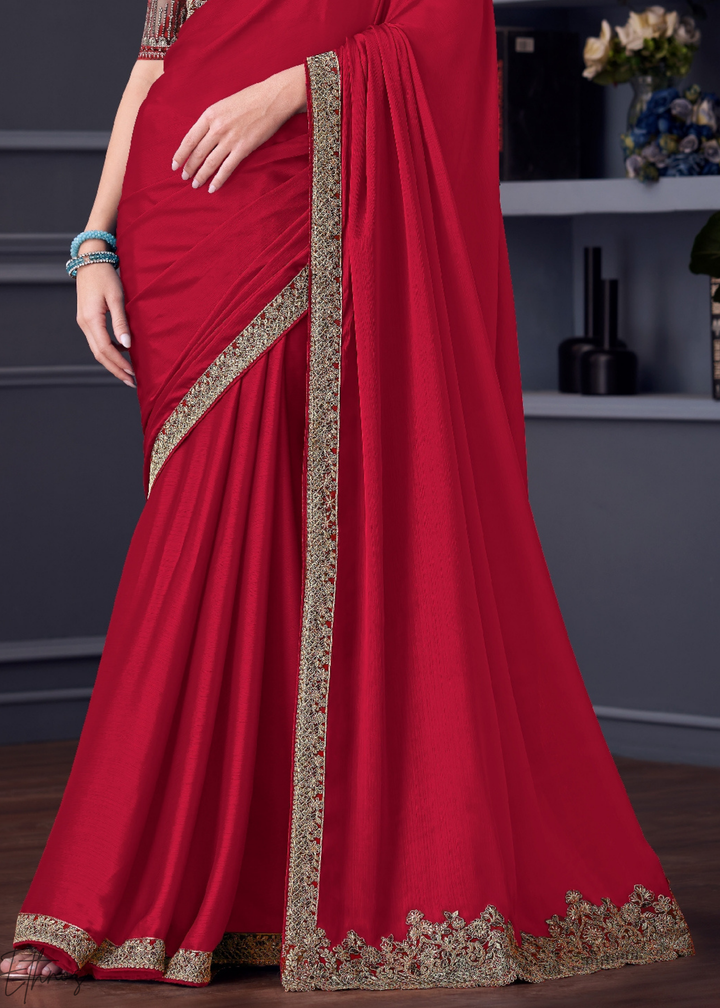 Crimson Red Heavy Border Embroidered Opium Silk Chiffon Saree