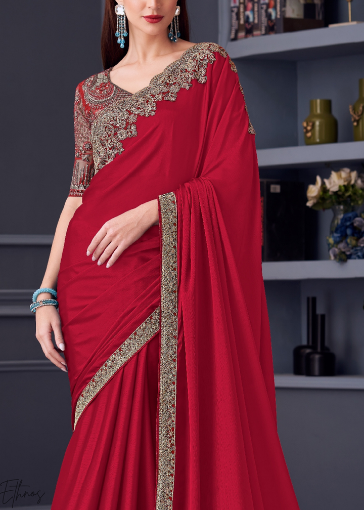 Crimson Red Heavy Border Embroidered Opium Silk Chiffon Saree