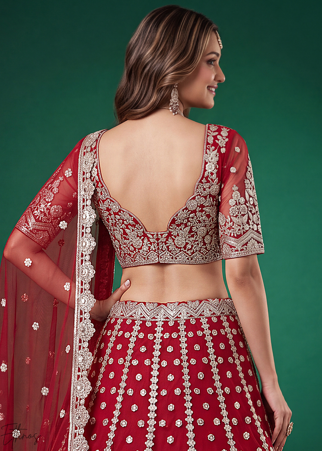 Crimson Red Heavy Floral Embroidered Net Lehenga