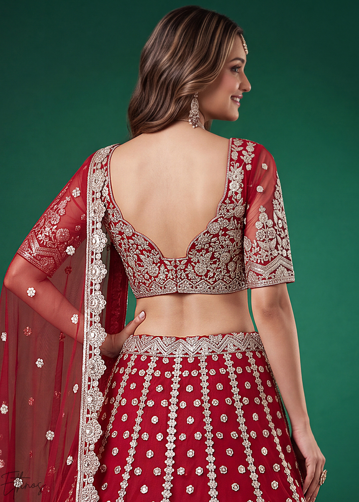 Crimson Red Heavy Floral Embroidered Net Lehenga