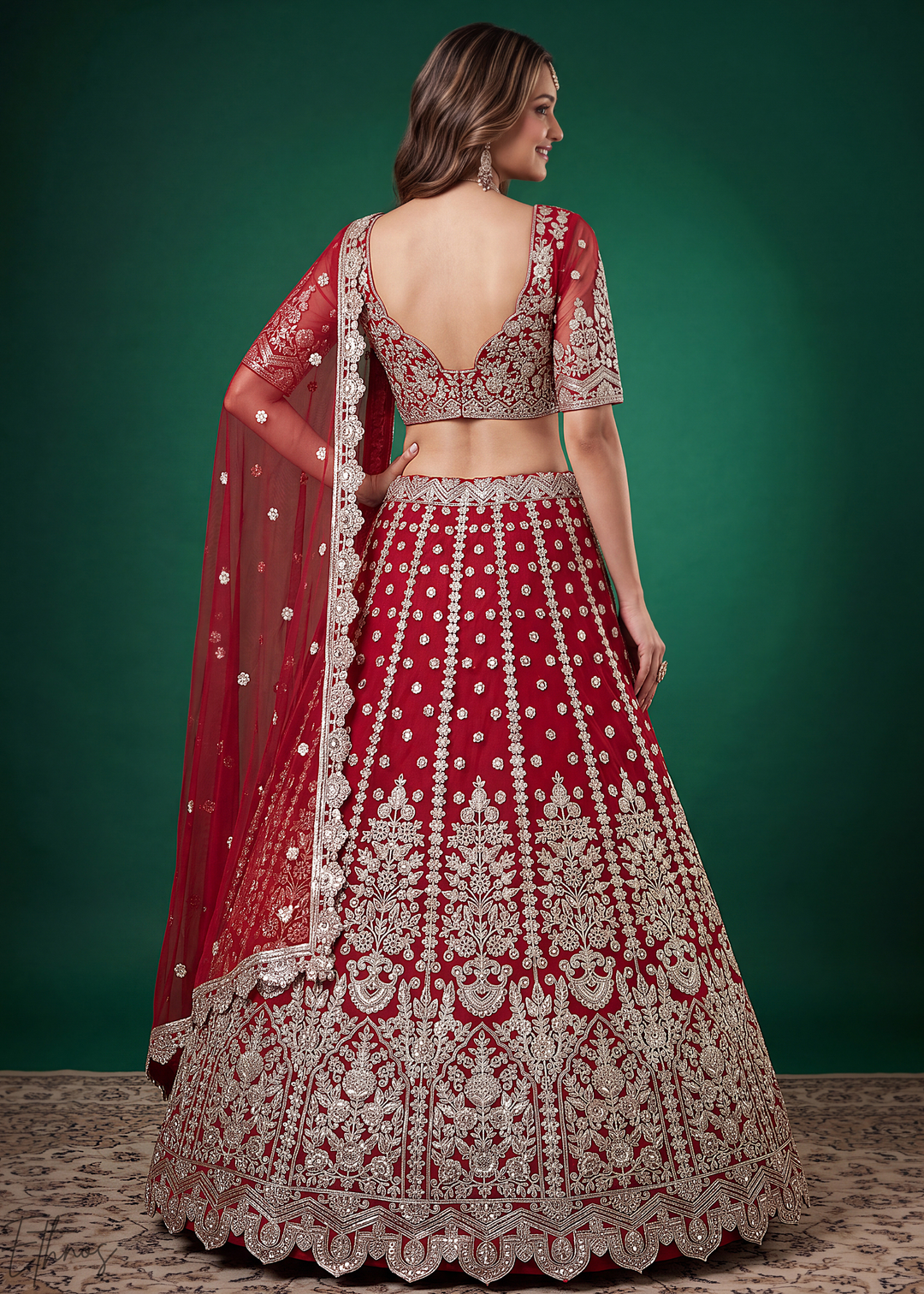 Crimson Red Heavy Floral Embroidered Net Lehenga