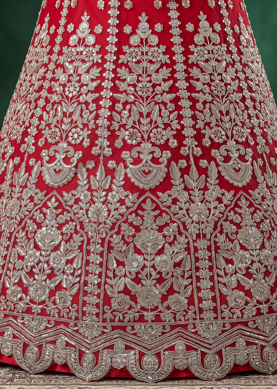 Crimson Red Heavy Floral Embroidered Net Lehenga