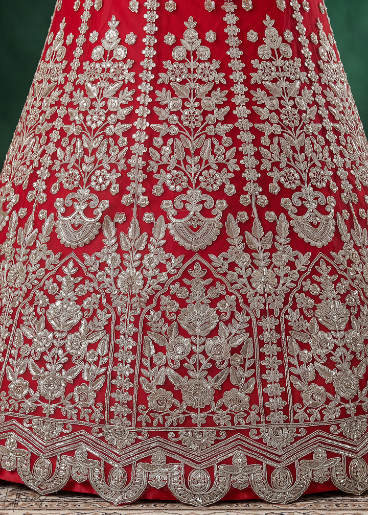 Crimson Red Heavy Floral Embroidered Net Lehenga