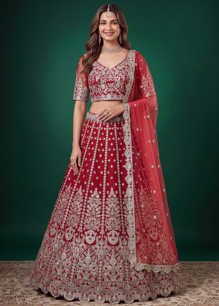Crimson Red Heavy Floral Embroidered Net Lehenga