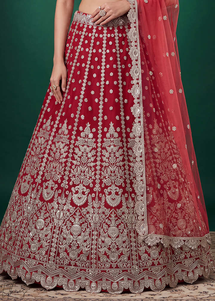 Crimson Red Heavy Floral Embroidered Net Lehenga