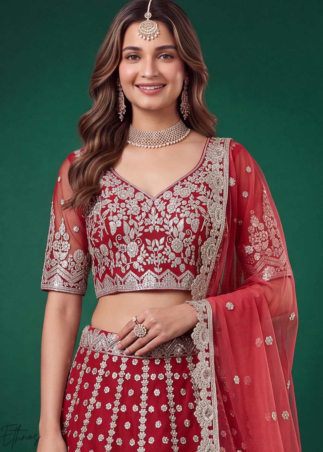 Crimson Red Heavy Floral Embroidered Net Lehenga