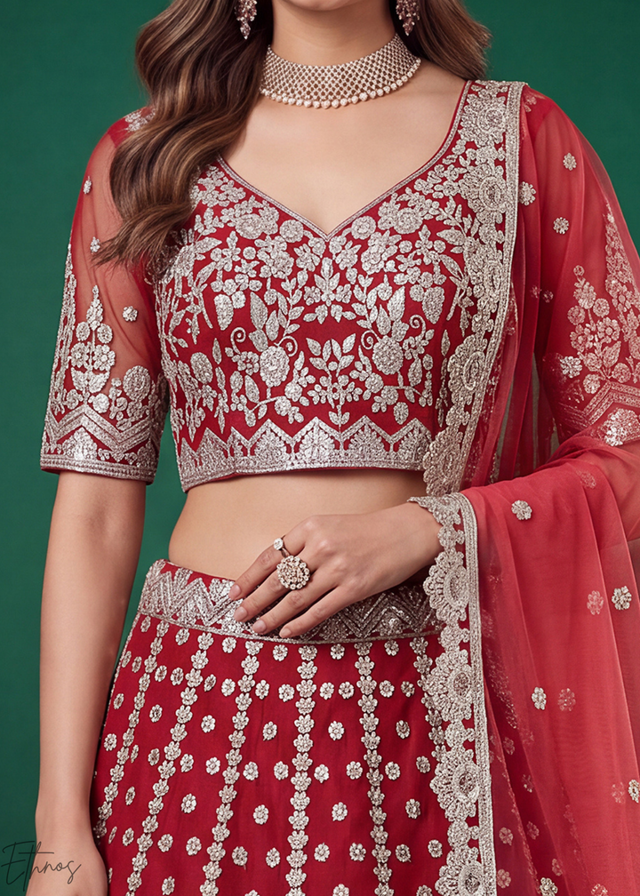 Crimson Red Heavy Floral Embroidered Net Lehenga