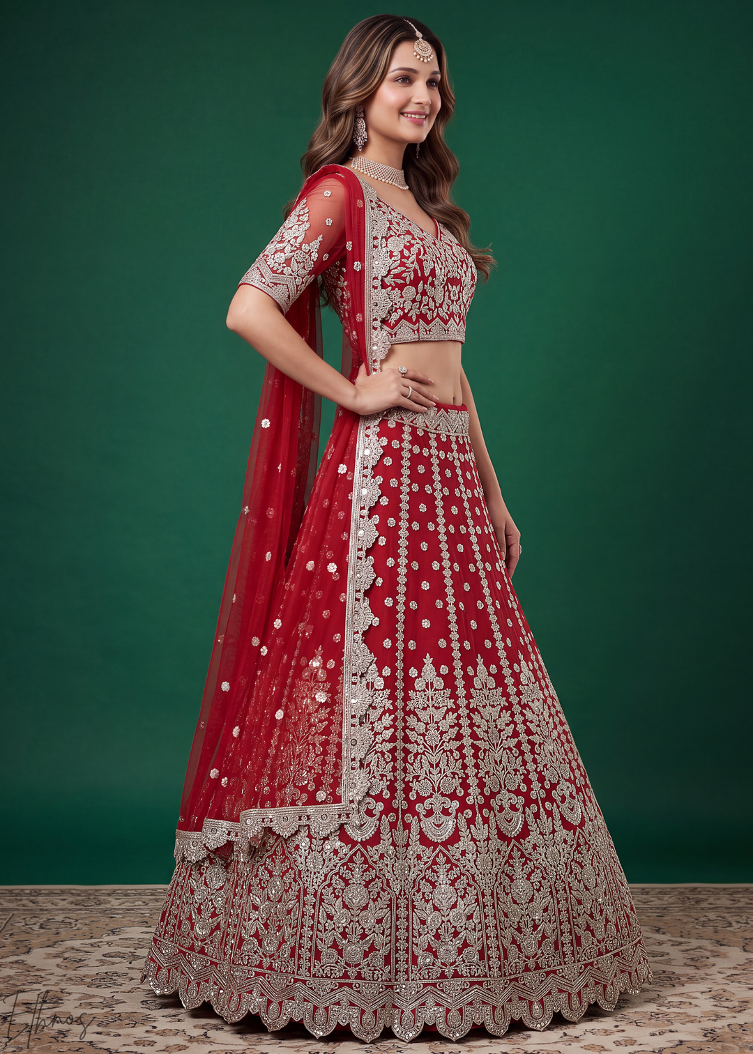 Crimson Red Heavy Floral Embroidered Net Lehenga