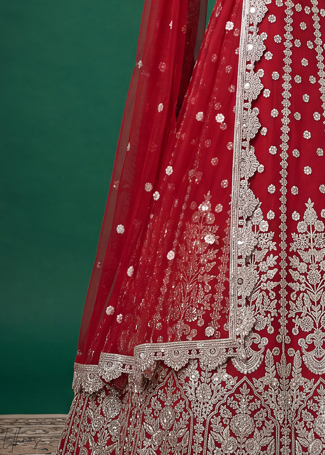 Crimson Red Heavy Floral Embroidered Net Lehenga