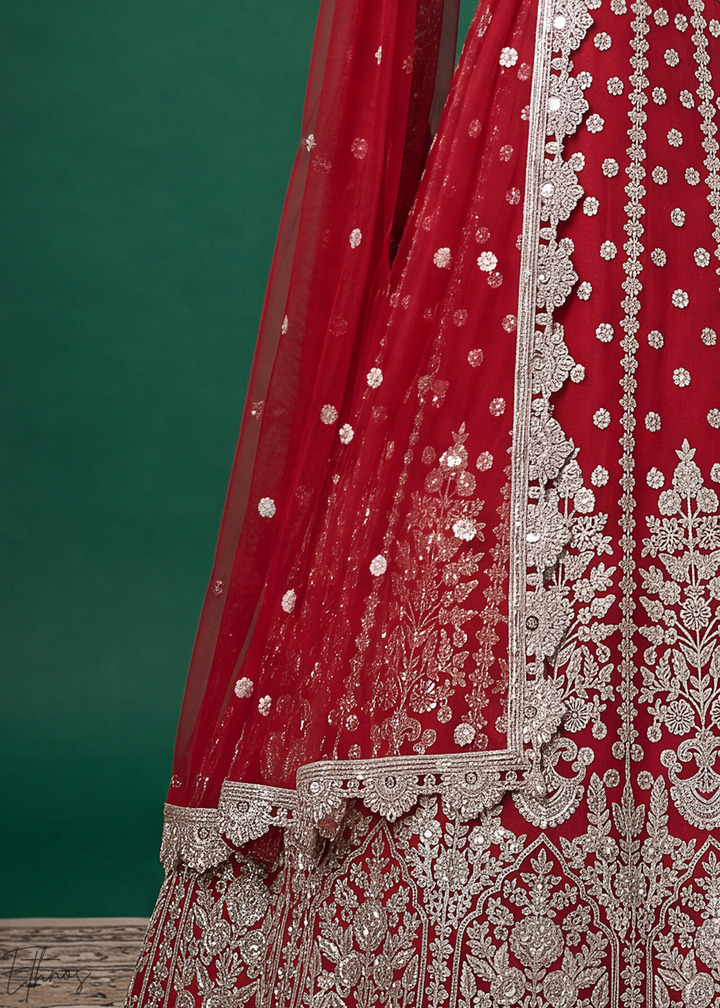 Crimson Red Heavy Floral Embroidered Net Lehenga