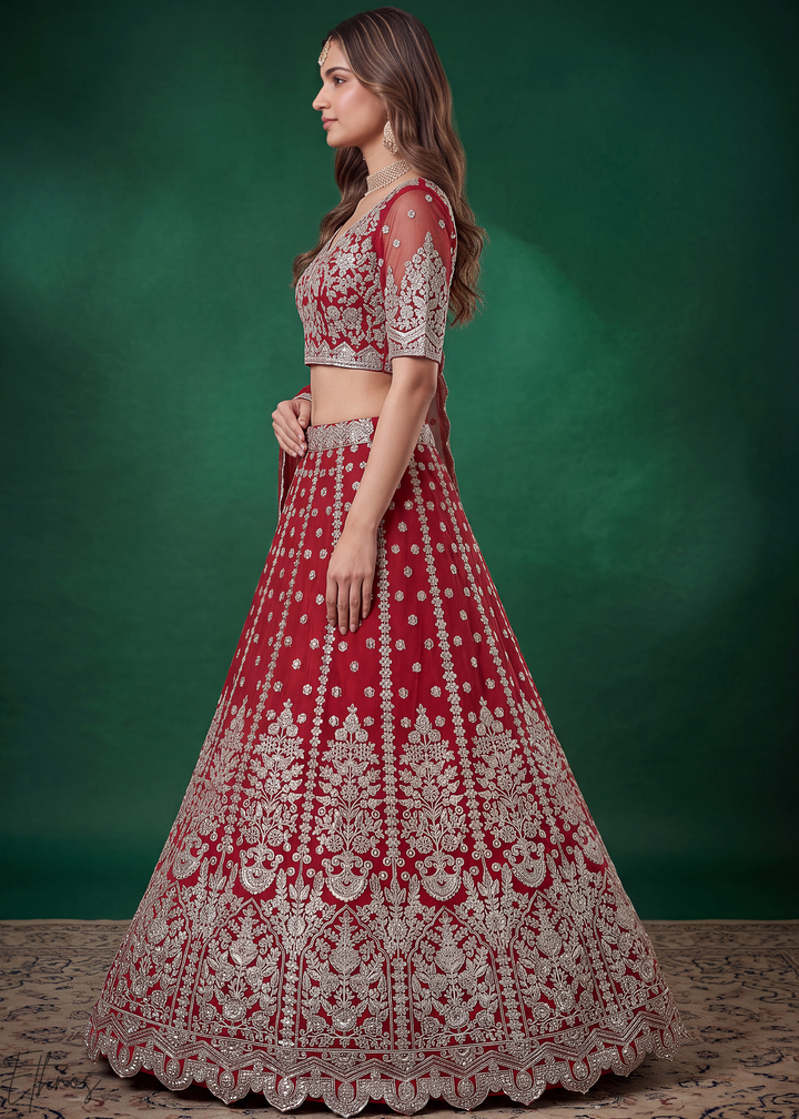 Crimson Red Heavy Floral Embroidered Net Lehenga
