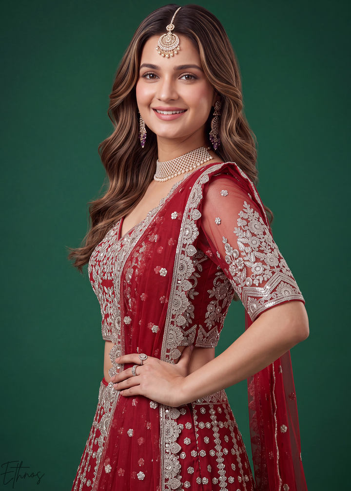 Crimson Red Heavy Floral Embroidered Net Lehenga