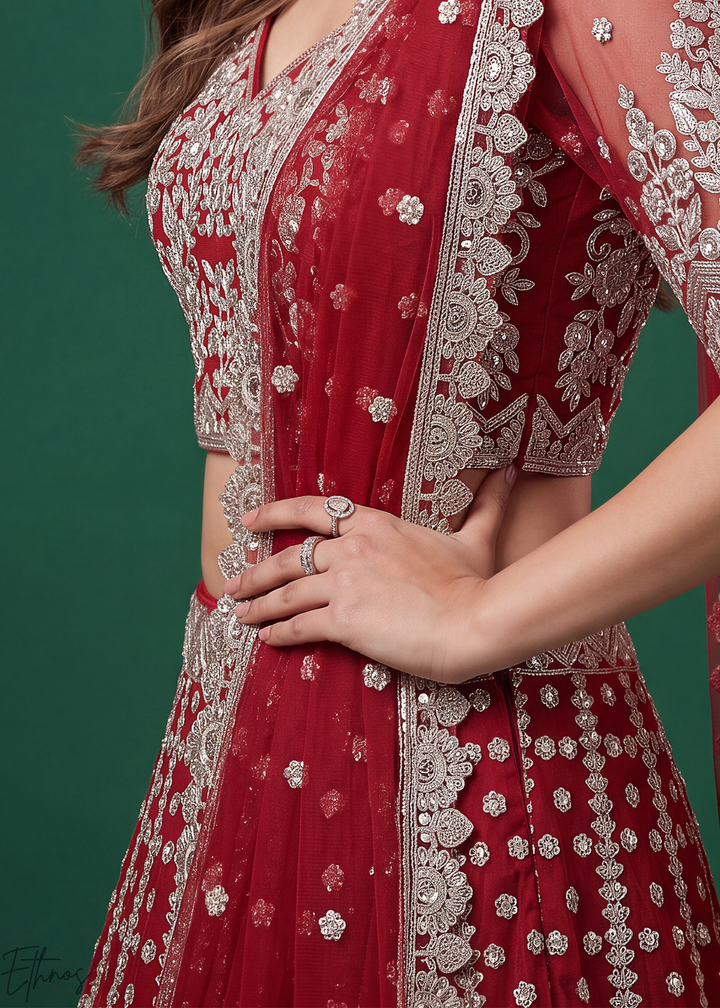 Crimson Red Heavy Floral Embroidered Net Lehenga