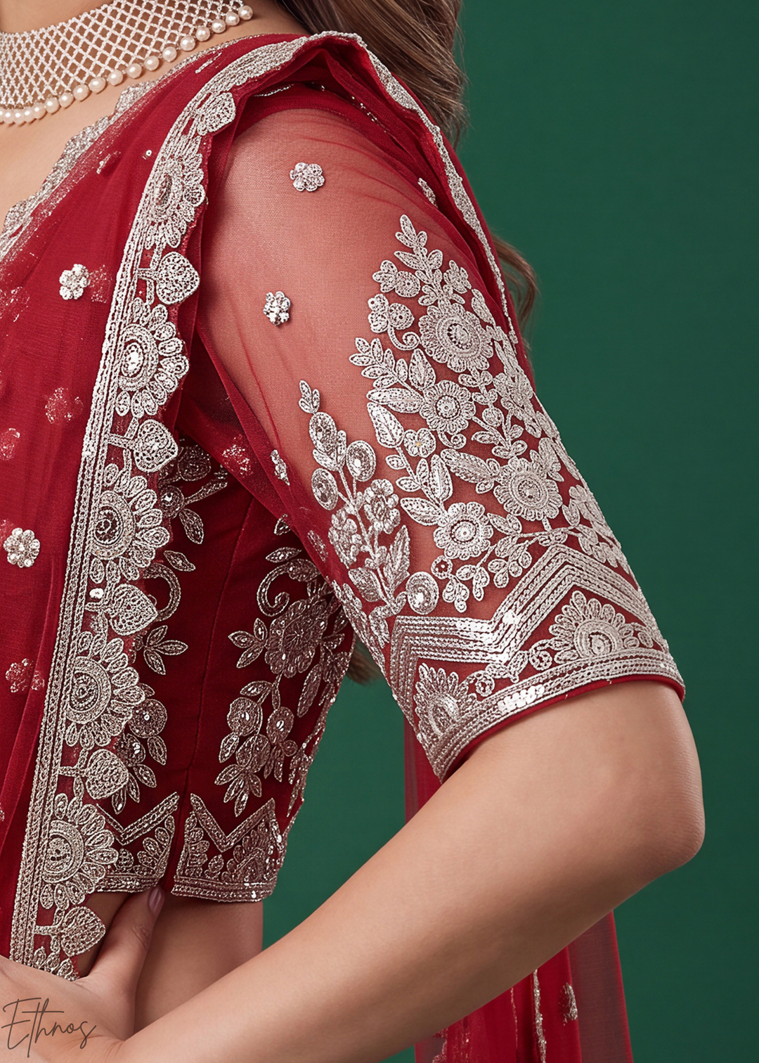 Crimson Red Heavy Floral Embroidered Net Lehenga