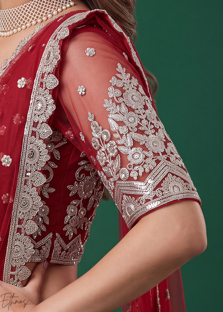 Crimson Red Heavy Floral Embroidered Net Lehenga