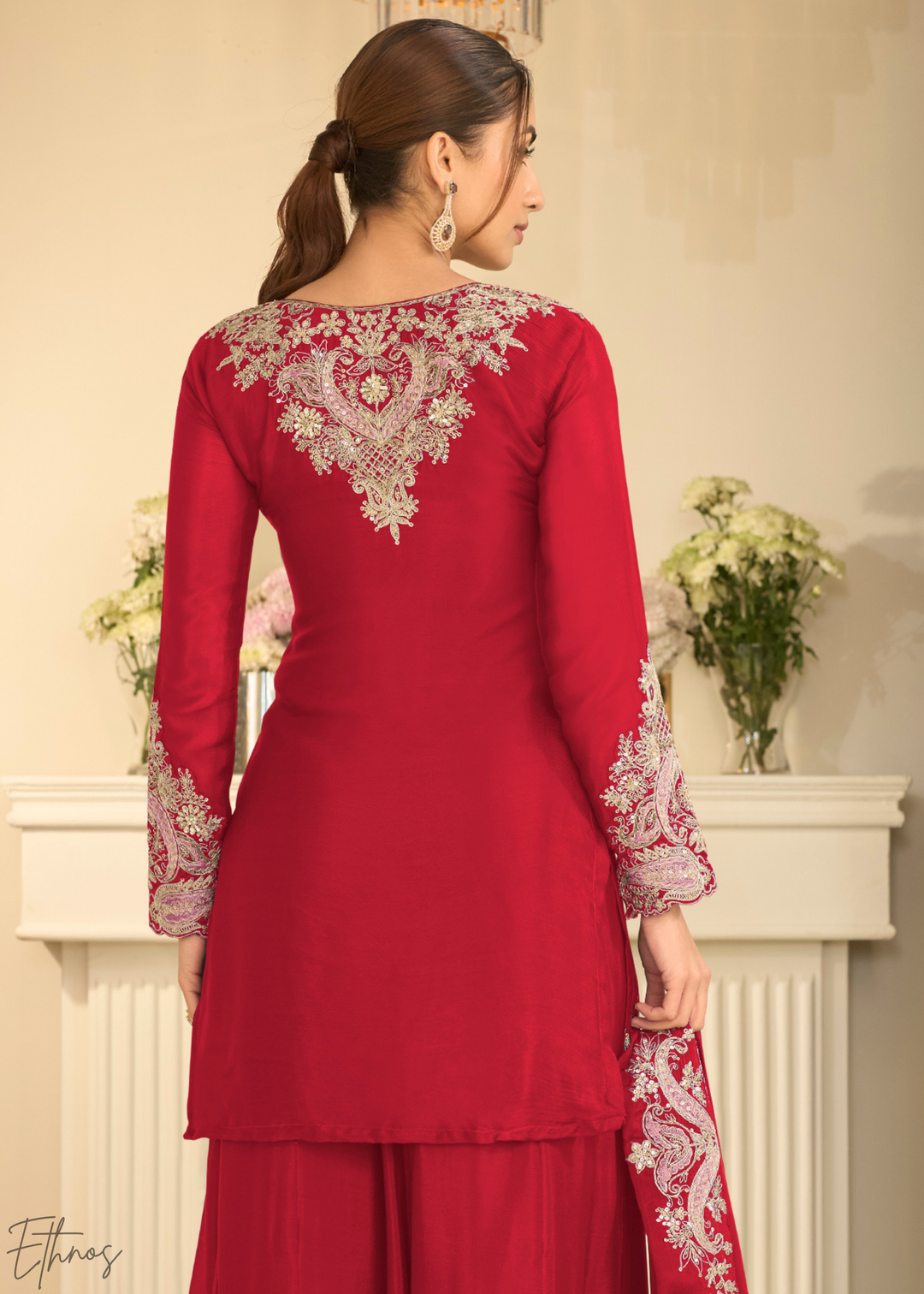 Crimson Red Majestic Baroque Chinon Sharara Suit