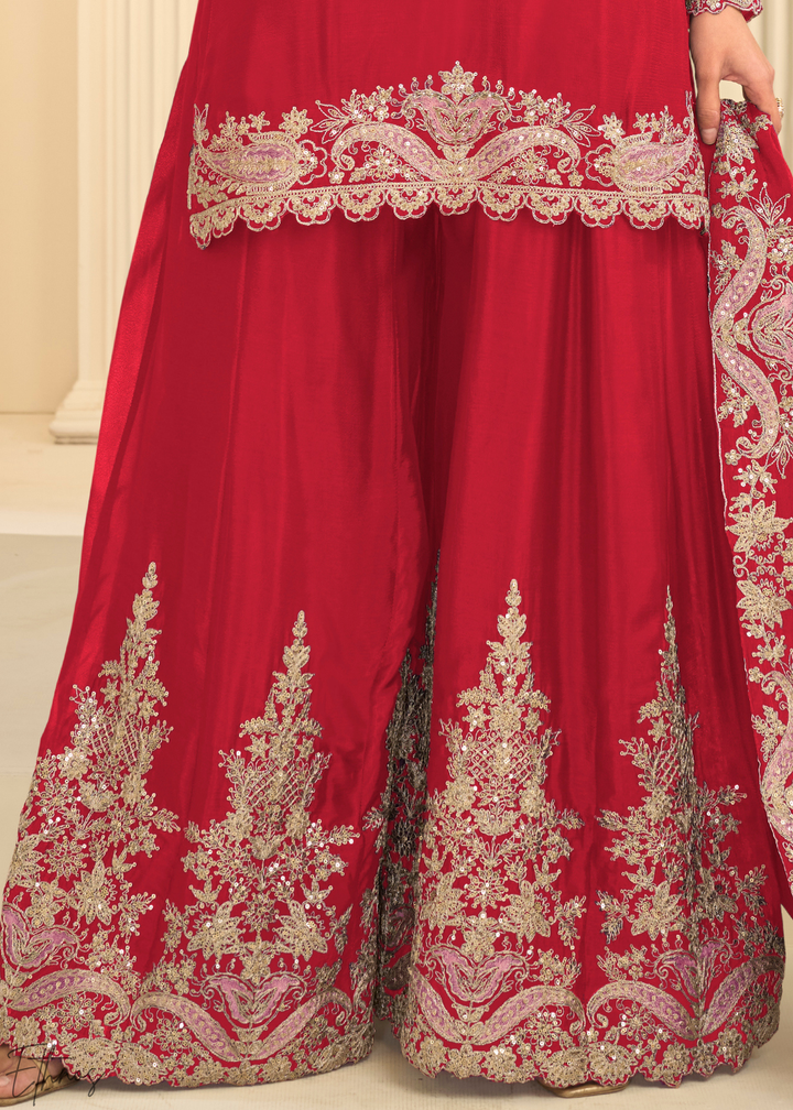 Crimson Red Majestic Baroque Chinon Sharara Suit