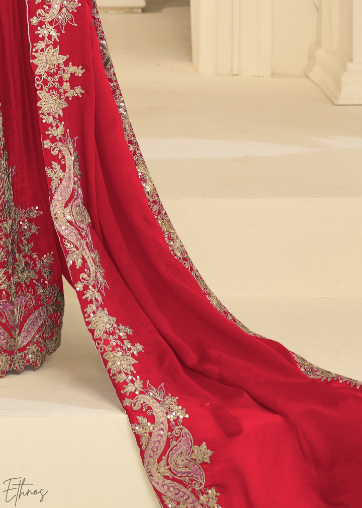 Crimson Red Majestic Baroque Chinon Sharara Suit